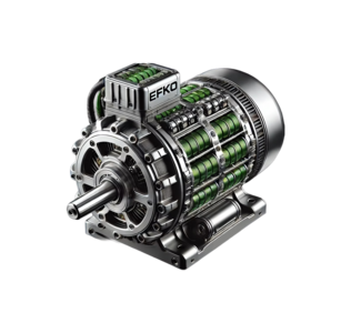 Elektromotoren Ein detailreiches 3D-Modell eines Elektromotors mit sichtbaren grünen Komponenten, gekennzeichnet mit dem Schriftzug „EFKO“.