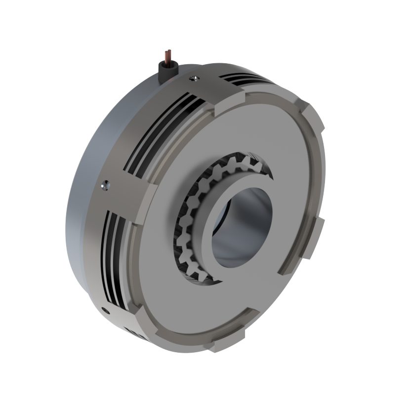 Lamellenbremse 3D-Rendering eines kreisförmigen mechanischen Bauteils mit Rillen und Zahnrädern, möglicherweise ein Teil eines Motors oder Getriebes.