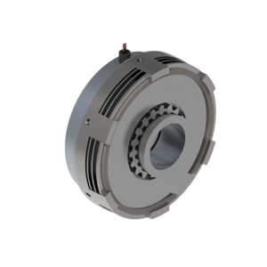 Lamellenbremse 3D-Rendering eines kreisförmigen mechanischen Bauteils mit Rillen und Zahnrädern, möglicherweise ein Teil eines Motors oder Getriebes.